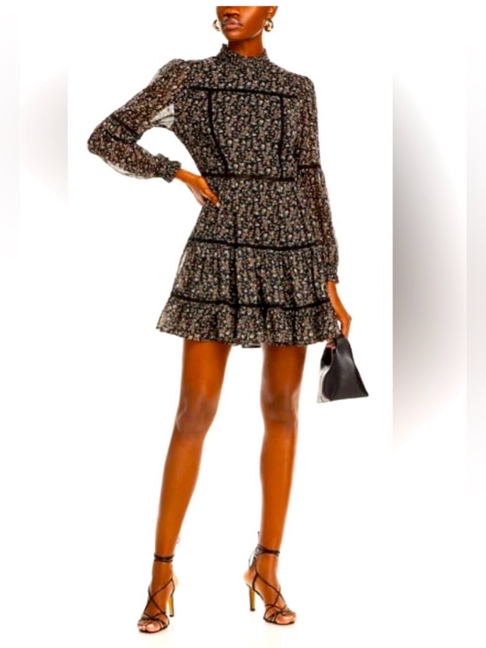 Aqua Black Floral Ruffle-Trim Mini Dress